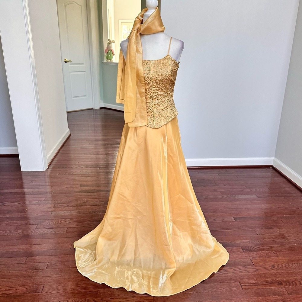 Mille Luce Luxury Gold Glitter Floral Corset Style 2 Piece Dress Shawl Gown Set